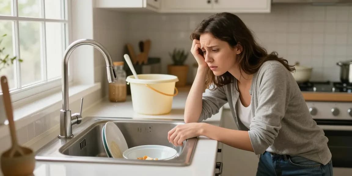 Afvoer verstopt in de keuken, huiseigenaar inspecteert verstopte gootsteen met een emmer en ontstopper.