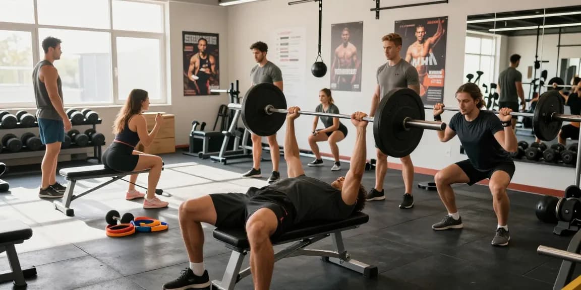 Actieve fitness gemeenschap in moderne sportschool met Prime Pharma Steroiden Winkel productgebruik en energieke sfeer.