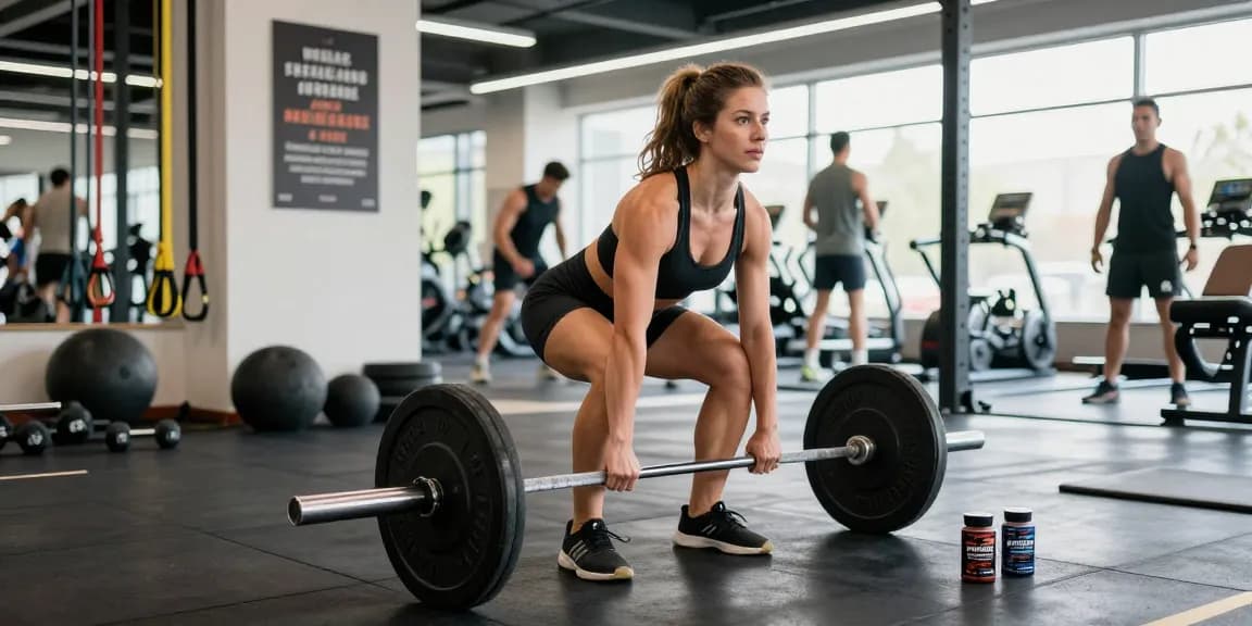 Woman lifting weights in a vibrant gym showcasing Prime Pharma Steroiden for muscle growth and performance.