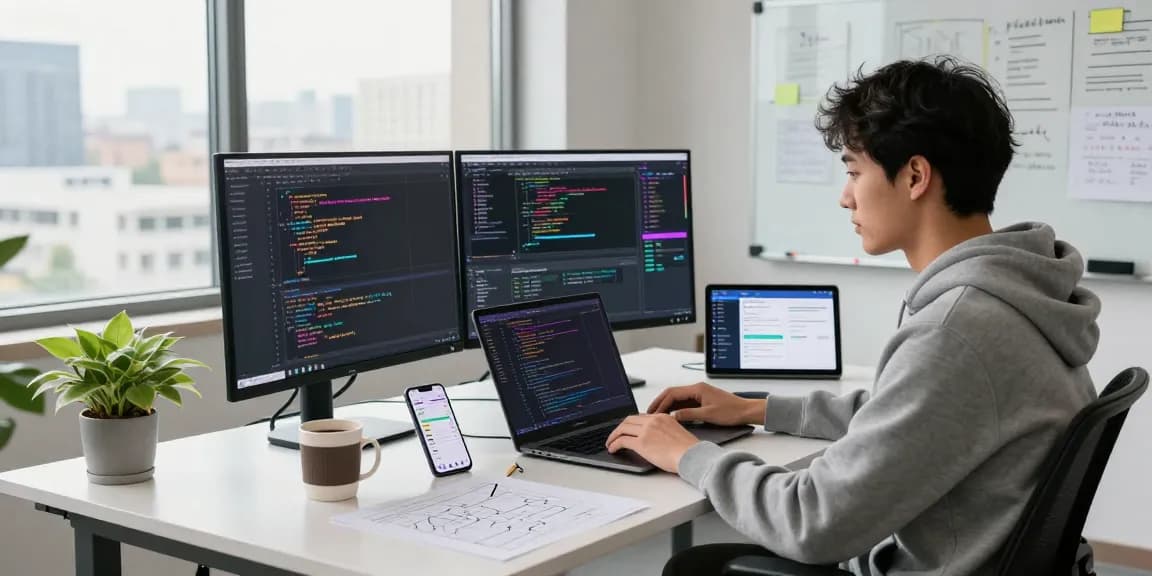 Build internal tools with AI in a vibrant office setting, showcasing coding and collaboration.