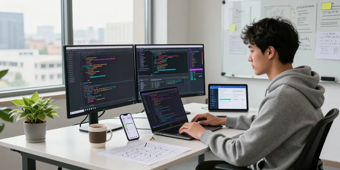 Build internal tools with AI in a vibrant office setting, showcasing coding and collaboration.