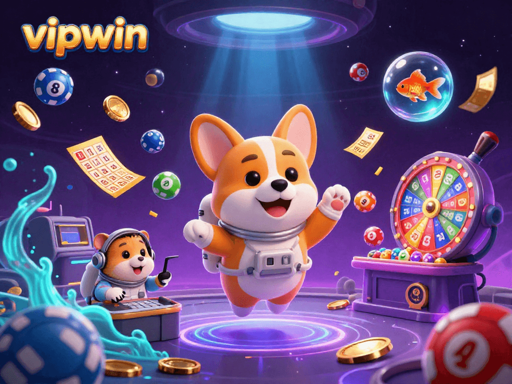 Experience thrilling gaming at vipwin with vibrant casino elements in a dynamic space scene.