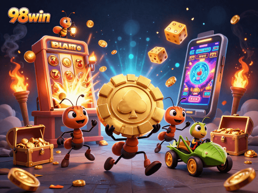 Engage with thrilling 98win adventures as ants carry a giant poker chip amid a dazzling casino scene.