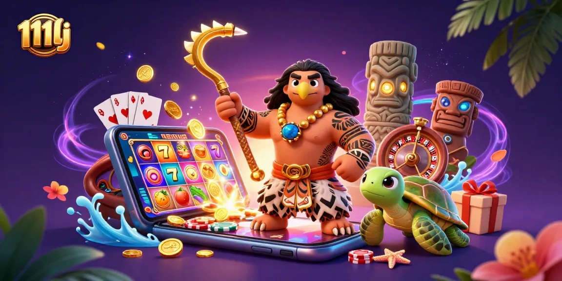 Engage with thrilling slots and casino action in the vibrant 111lj illustration featuring a demigod and treasure.
