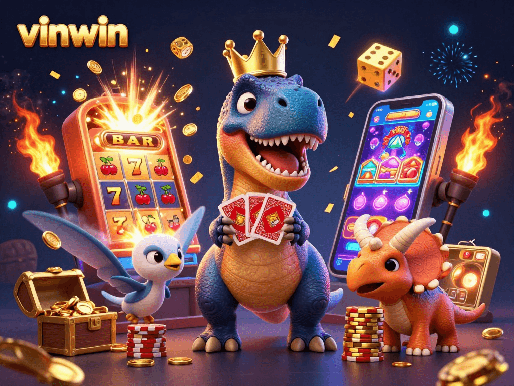 Join the fun at vinwin with a friendly T-Rex and dynamic casino action in a vibrant illustration.
