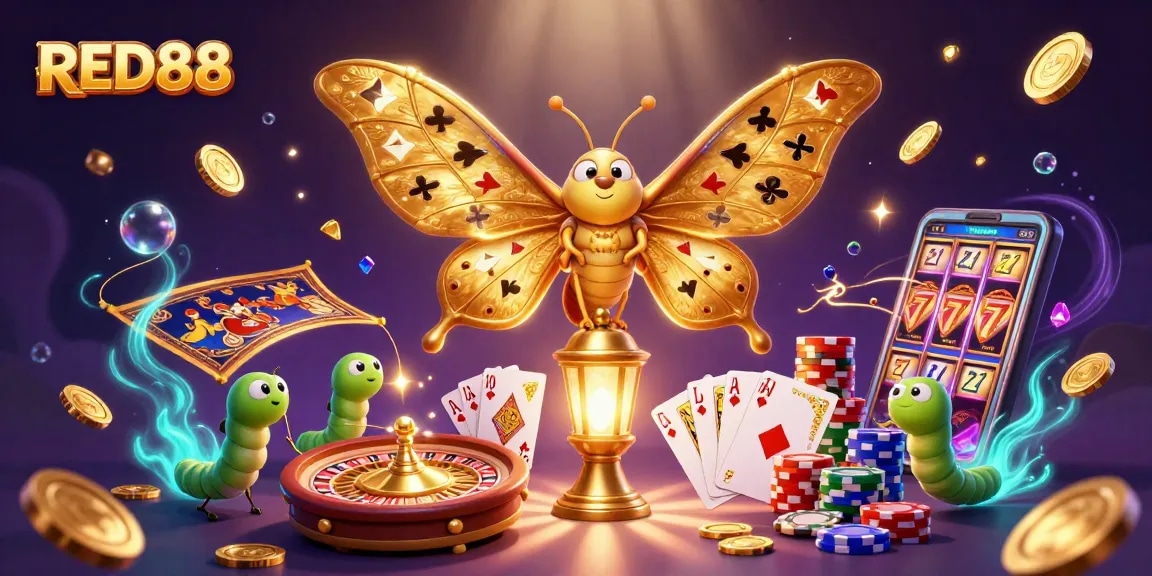 Experience the excitement of betting with RED88 as golden coins and cards fill the dynamic casino scene.