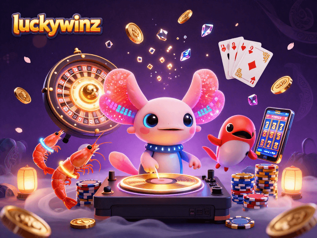 Join the luckywinz party with a vibrant 3D casino scene featuring a DJ axolotl and animated sea friends.