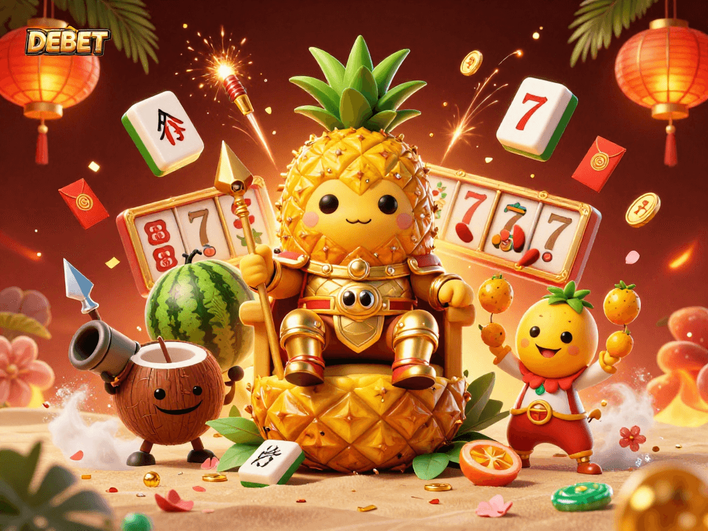 Engage with DEBET's vibrant casino scene featuring unique gaming elements, illustrated in rich detail.