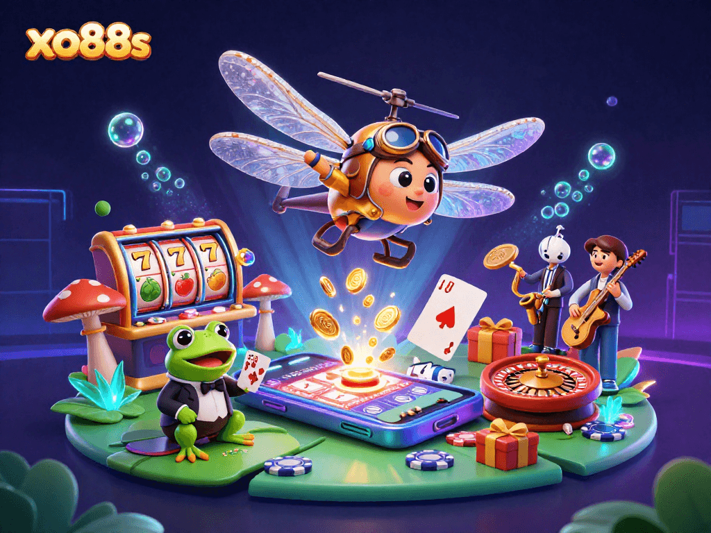 Experience excitement at xo88s with a vibrant casino scene featuring thrilling slot games and lively characters.