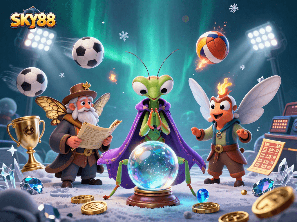 Engage in the magical world of SKY88 with a 3D cartoon scene featuring fortune tellers and dynamic sports betting.
