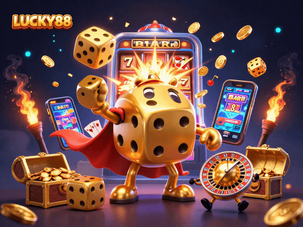 Experience LUCKY88 casino magic with animated golden dice and jackpot fun in a vibrant scene.