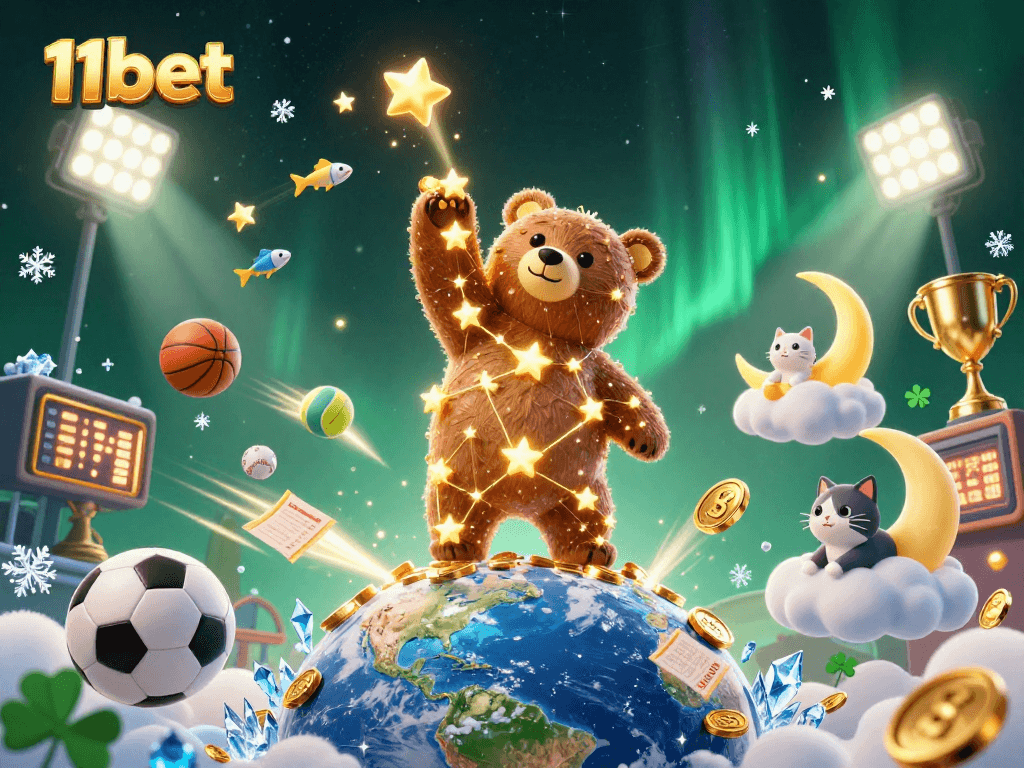 Engage with 11bet through a dynamic scene featuring golden stars, sports elements, and vibrant 3D characters.