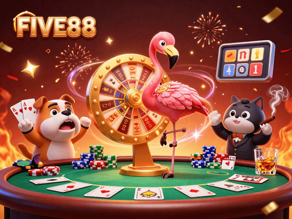 Experience the excitement of FIVE88 with a vibrant 3D casino scene featuring games, prizes, and lively characters.