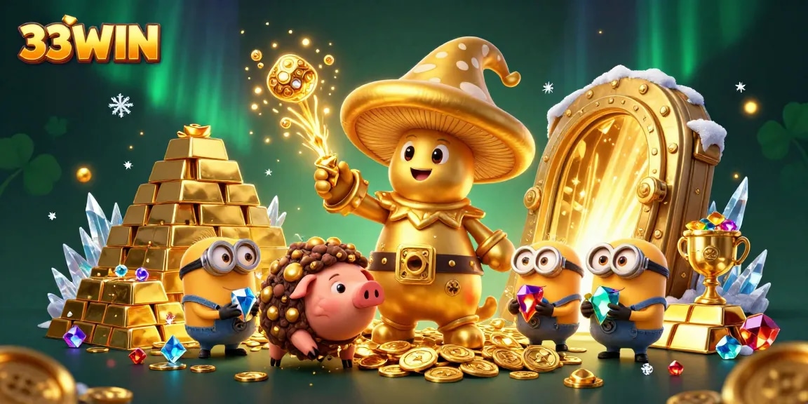 33WIN presents an enchanting scene with a golden wizard and treasures, showcasing a vibrant online casino experience.