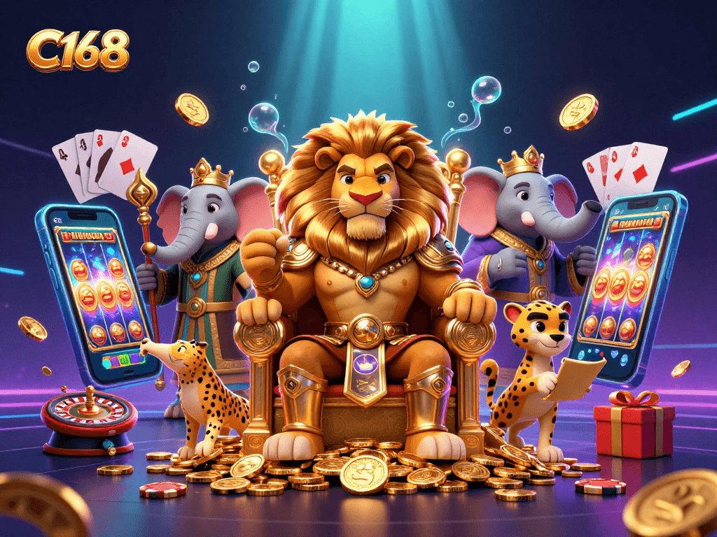 Bet on C168 with a fierce lion king, lucky elephants, and cheetahs in a vibrant casino scene.