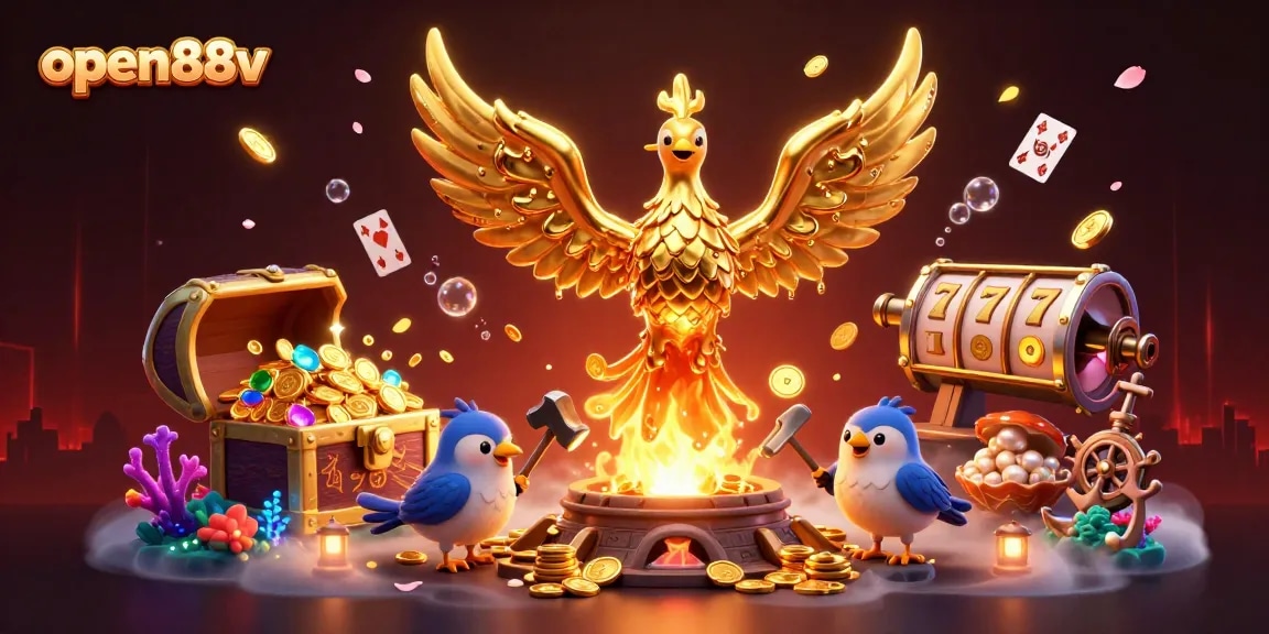 Experience the thrill of open88v with a golden phoenix and slot game elements in a vibrant scene.