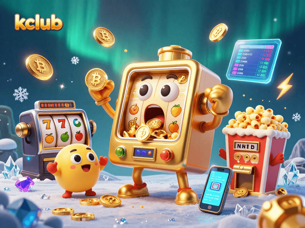 Kclub offers exciting gaming experiences with vibrant 3D slot machines, glowing crypto elements, and engaging characters.
