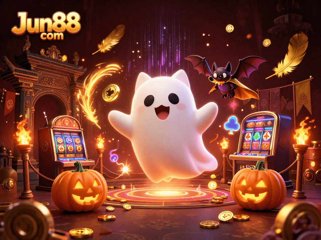 Experience thrilling action with Jun88 com in this vibrant, haunted casino scene featuring a ghost cat.