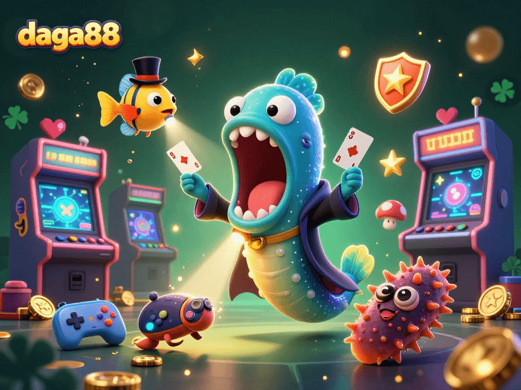 Engaging scene featuring daga88 with a magical deep-sea eel, anglerfish, and casino-themed arcade elements.