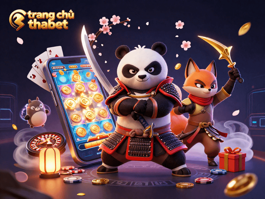 Engage in thrilling actions at the trang chủ thabet with a samurai panda, ninja fox, and magical tanuki surrounded by casino elements.