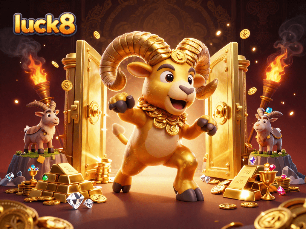 Experience luck8 excitement with a cartoon golden ram charging towards riches in a dynamic casino scene.