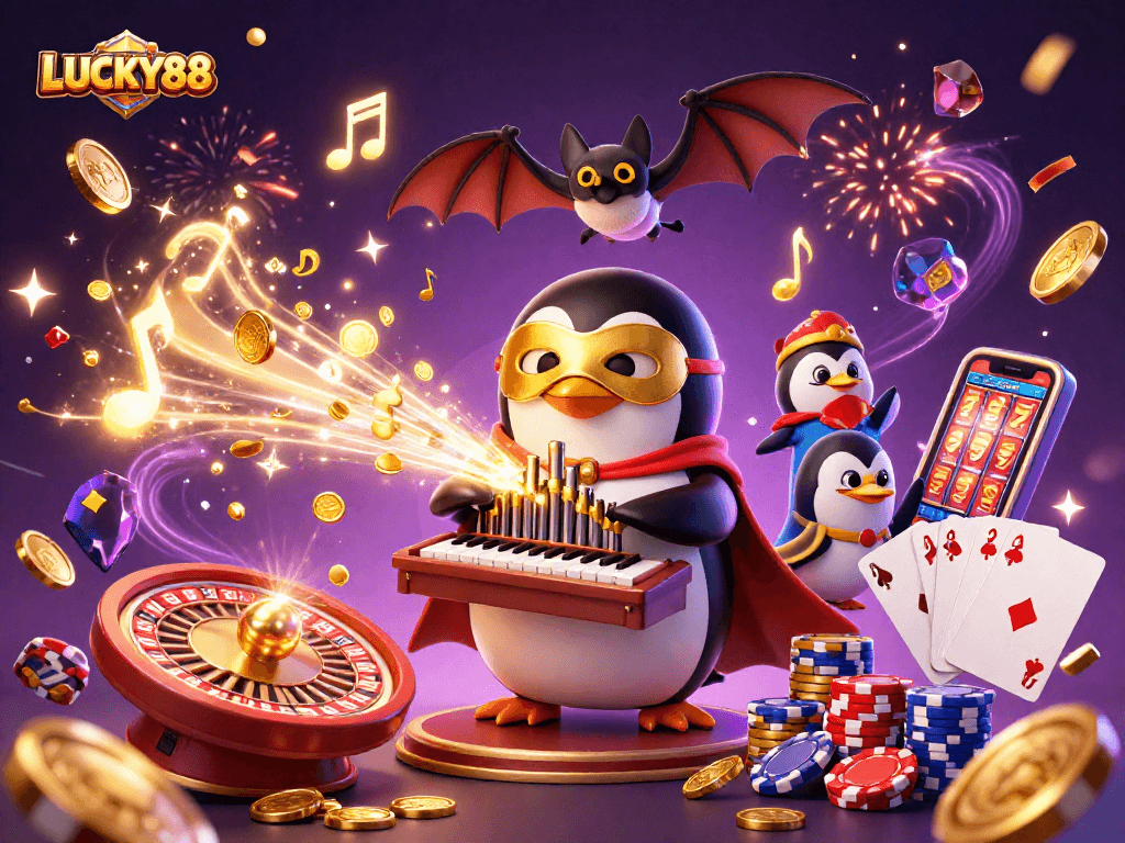Experience a lively scene at LUCKY88 with a penguin organist and dazzling casino elements