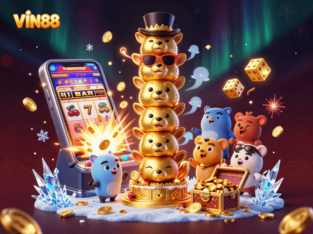 Experience the excitement of winning at VIN88 with dynamic casino elements and 3D characters.