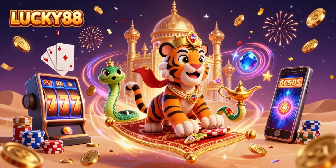 Engage with LUCKY88 in a vibrant casino adventure featuring a sultan, genie, and slot machine excitement.