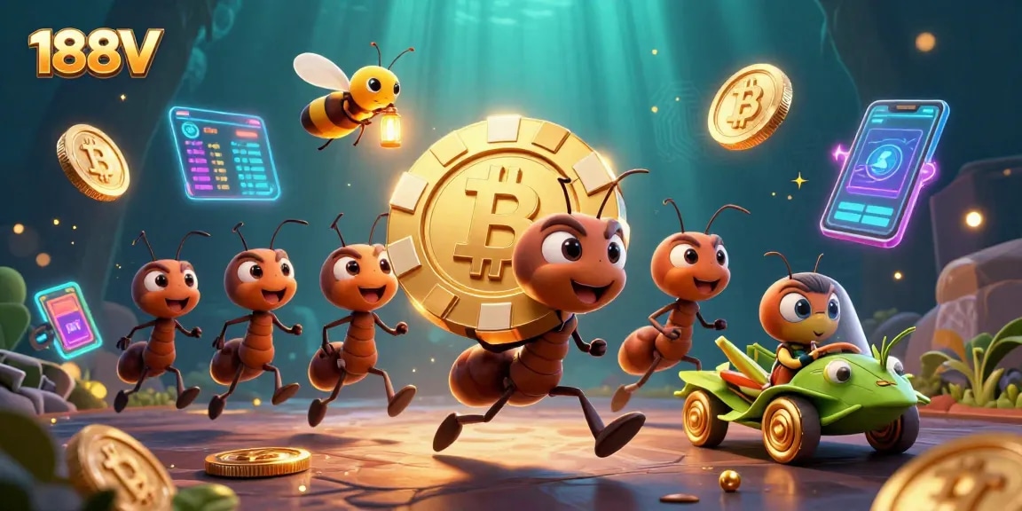 Engage with 188V's thrilling heist scene featuring energetic cartoon characters amidst glowing cryptocurrency elements.