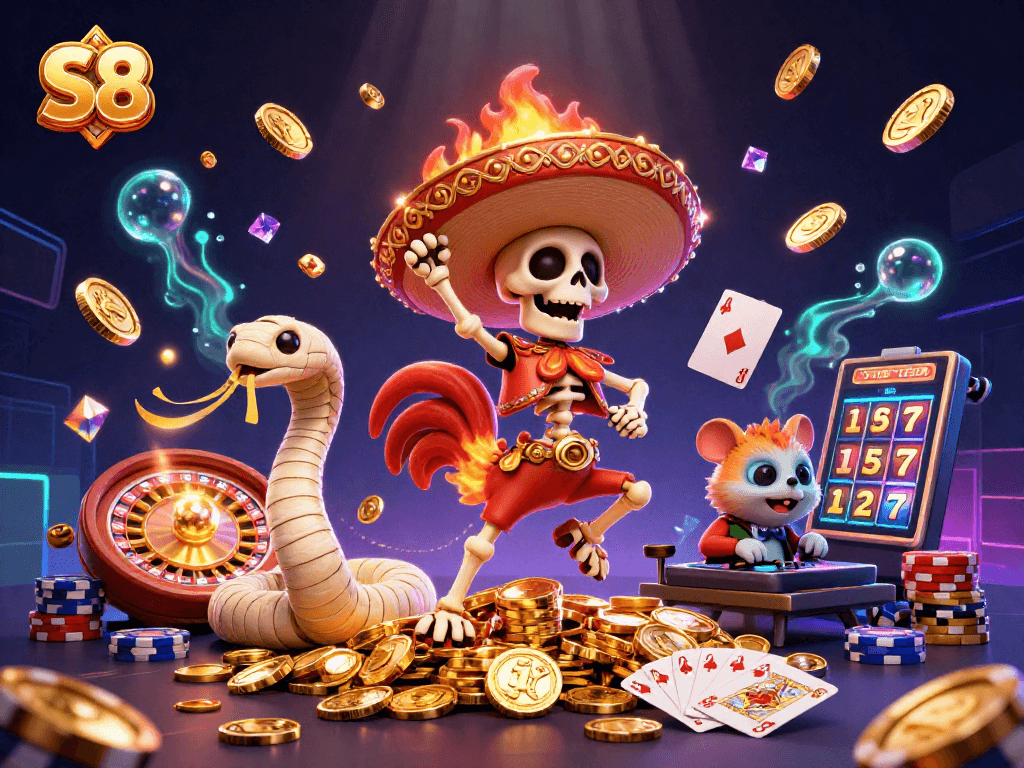 Join the S8 adrenaline rush with vibrant casino scenes featuring winning dances and golden treasures.