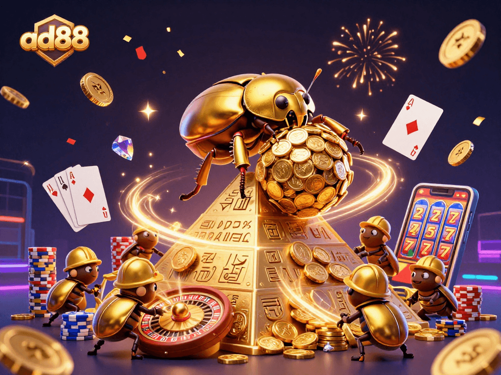 Experience thrilling gameplay with ad88's golden beetles rolling jackpot coins in an exciting casino scene.