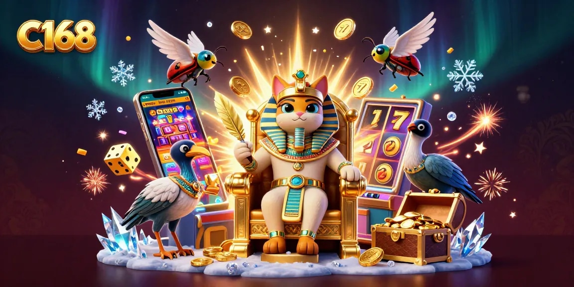 C168 brings excitement with a 3D pharaoh cat, slot machine, and dynamic casino action.