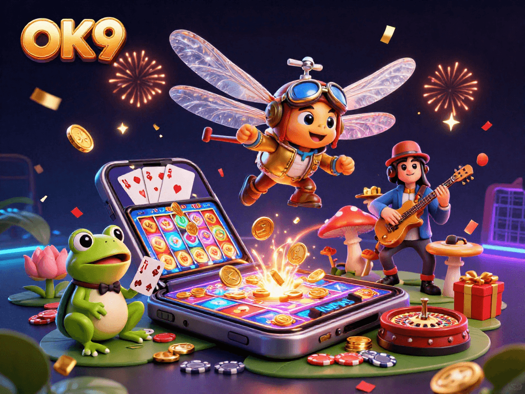 Engage in the exciting action at OK9 with vibrant casino scenes featuring a dragonfly pilot and a jazz band.