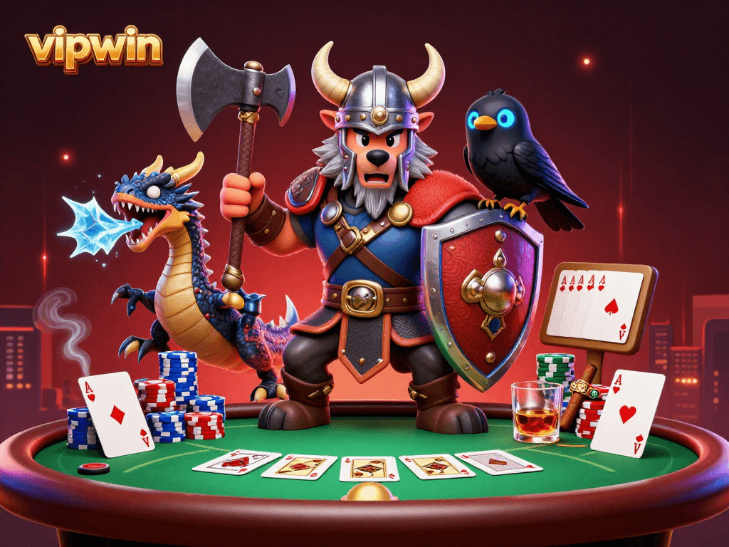 Experience thrilling poker action at vipwin with a Viking warrior, dragon, and poker chips.