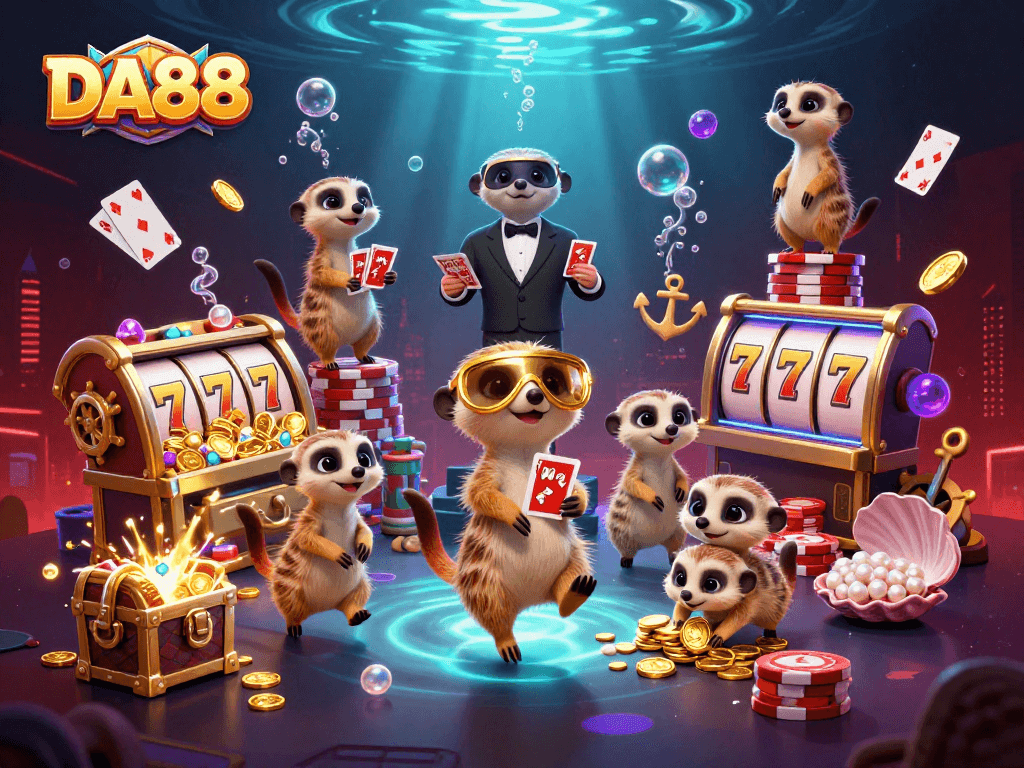 DA88 casino meerkats manage lively slot operations with colorful gems and coins.