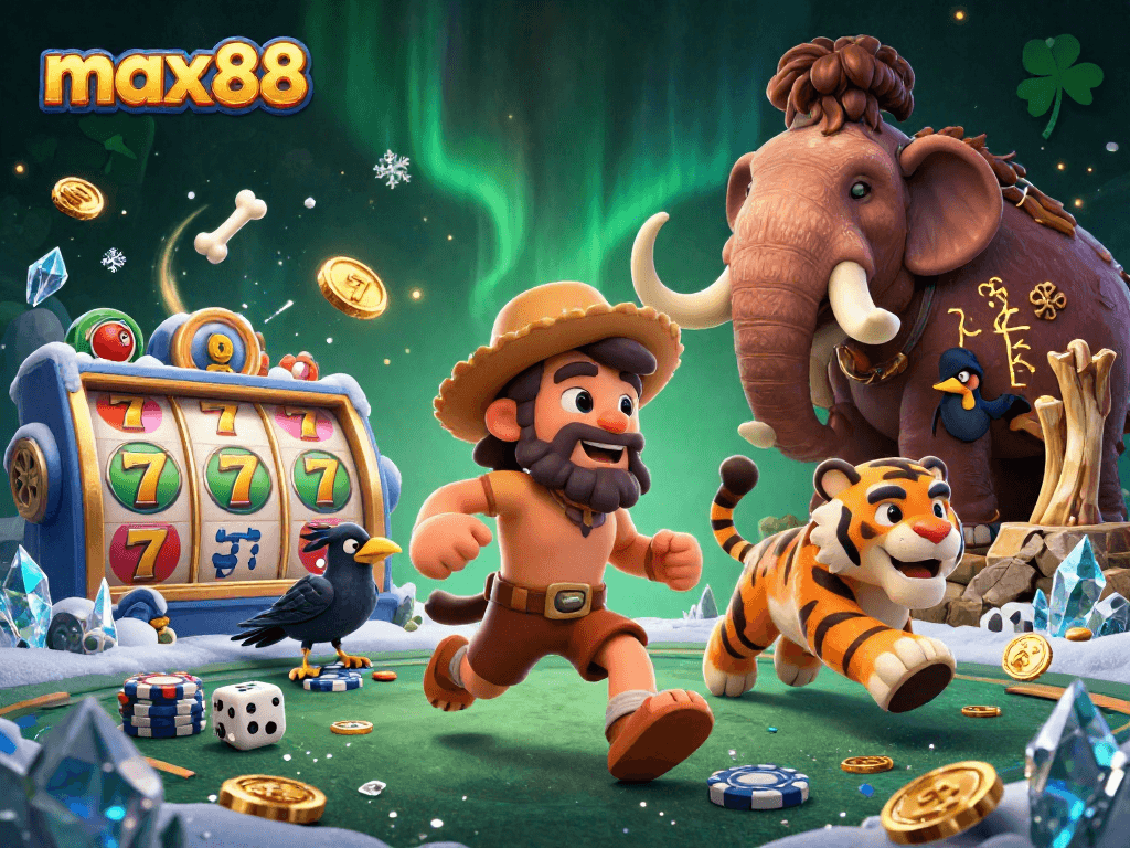 Play engaging games at max88, showcasing 3D cavemen and casino elements.