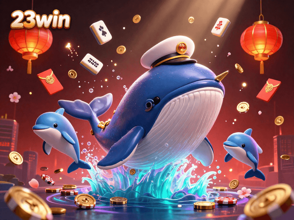 Experience the thrill of winning at 23win with lively dolphins and a majestic whale in a colorful casino scene.