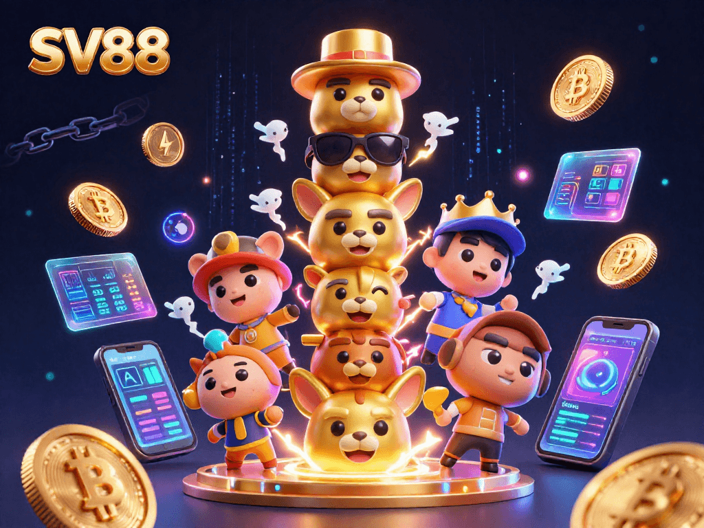 SV88 offers thrilling gameplay with a vibrant 3D totem representing casino elements and cryptocurrency.