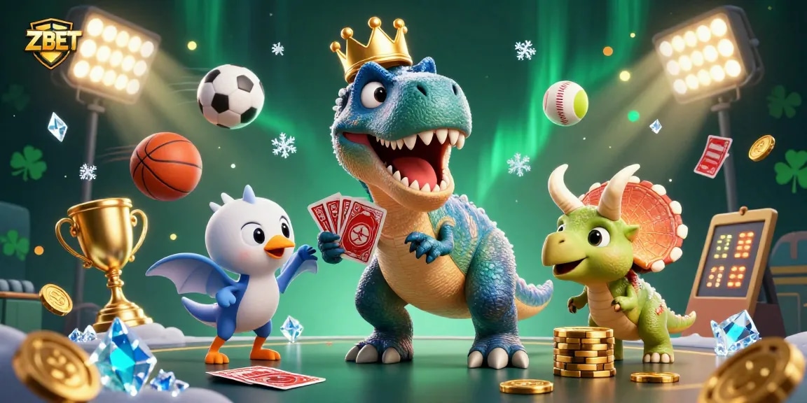 ZBET offers thrilling moments as a friendly T-Rex shuffles cards and playful characters stack chips in a vibrant casino
