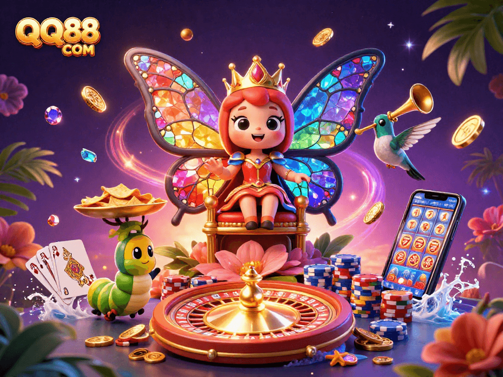 Experience the vibrant gambling atmosphere with QQ88 COM featuring a whimsical butterfly queen and casino elements.