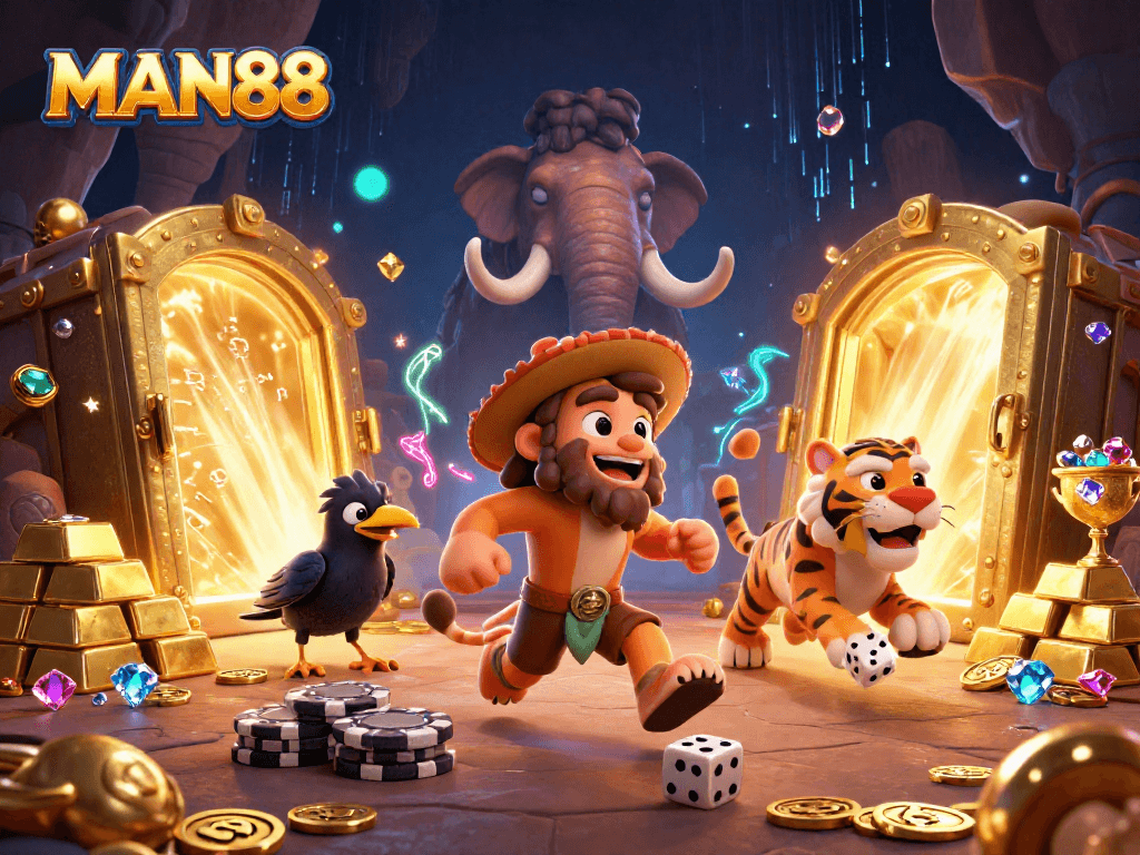 Experience exhilarating gaming adventures with MAN88 in this vibrant prehistoric casino scene.