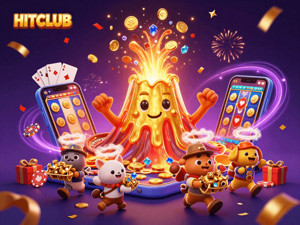 Experience exciting winnings at HITCLUB with a vibrant 3D casino adventure illustration.