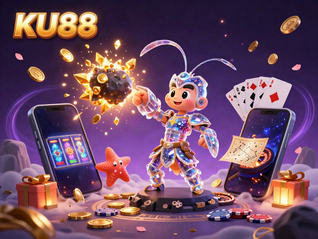 KU88's vibrant casino universe with a mantis shrimp and starfish amid spinning slot games and golden coins.