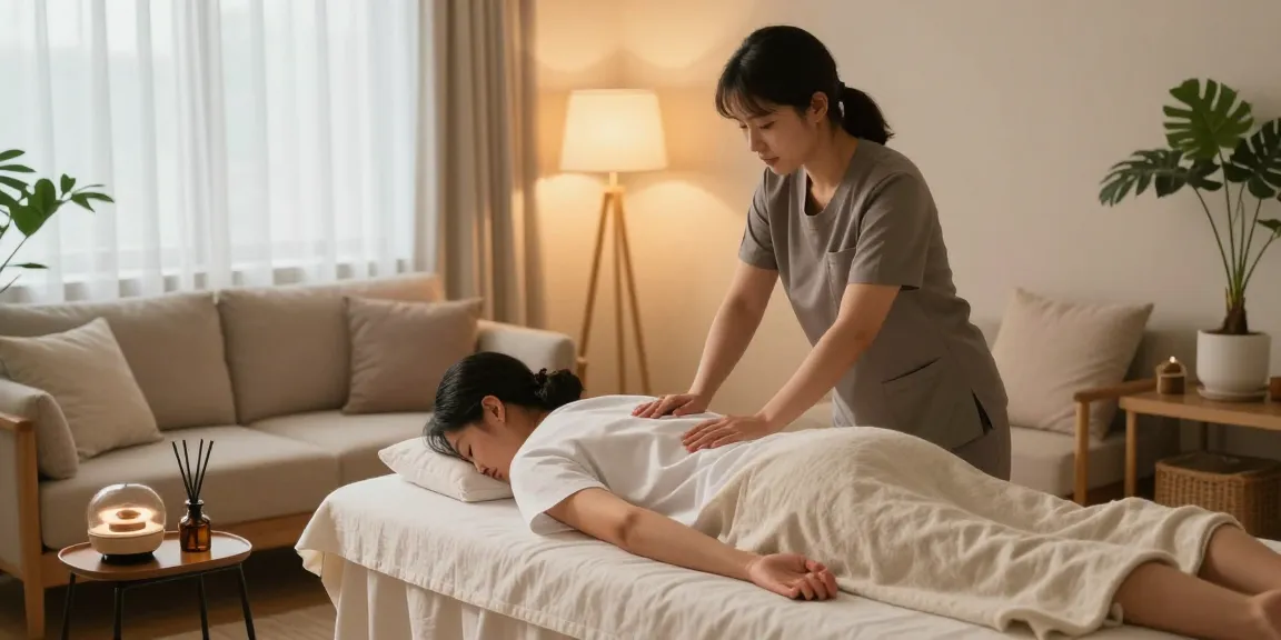 Relaxing 강남출장마사지 treatment in modern living room with calming atmosphere and professional therapist.