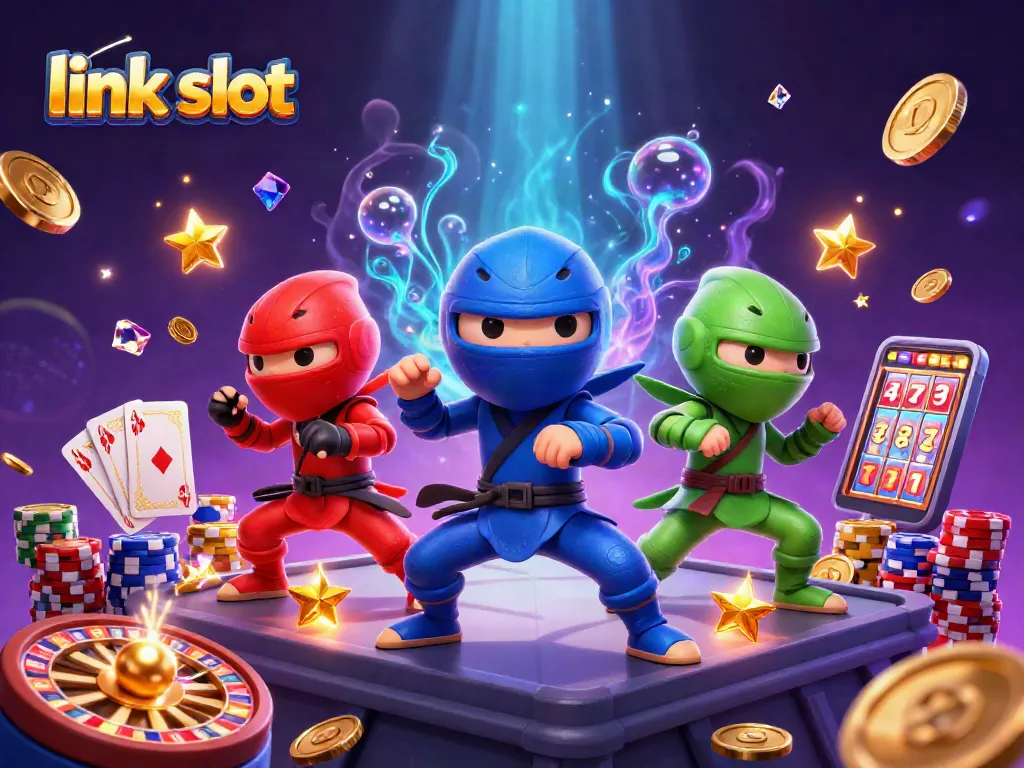 Mainkan slot gacor dengan Ninja Chameleon, dikelilingi simbol permainan yang berkilauan.