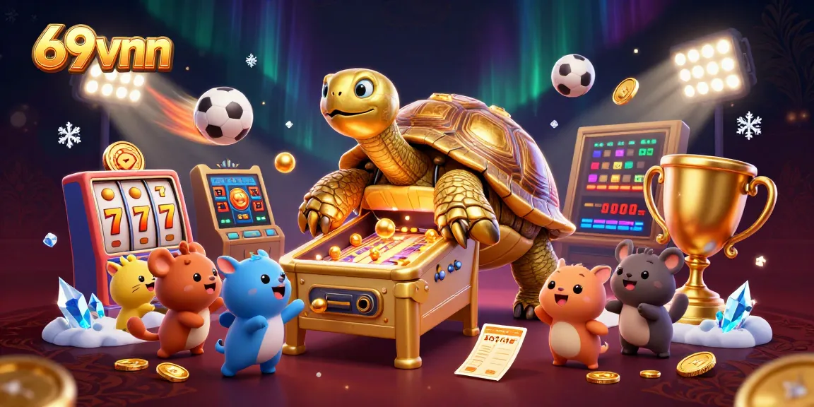 Experience thrilling games at 69vnn with an interactive golden tortoise pinball featured in this vibrant casino scene.