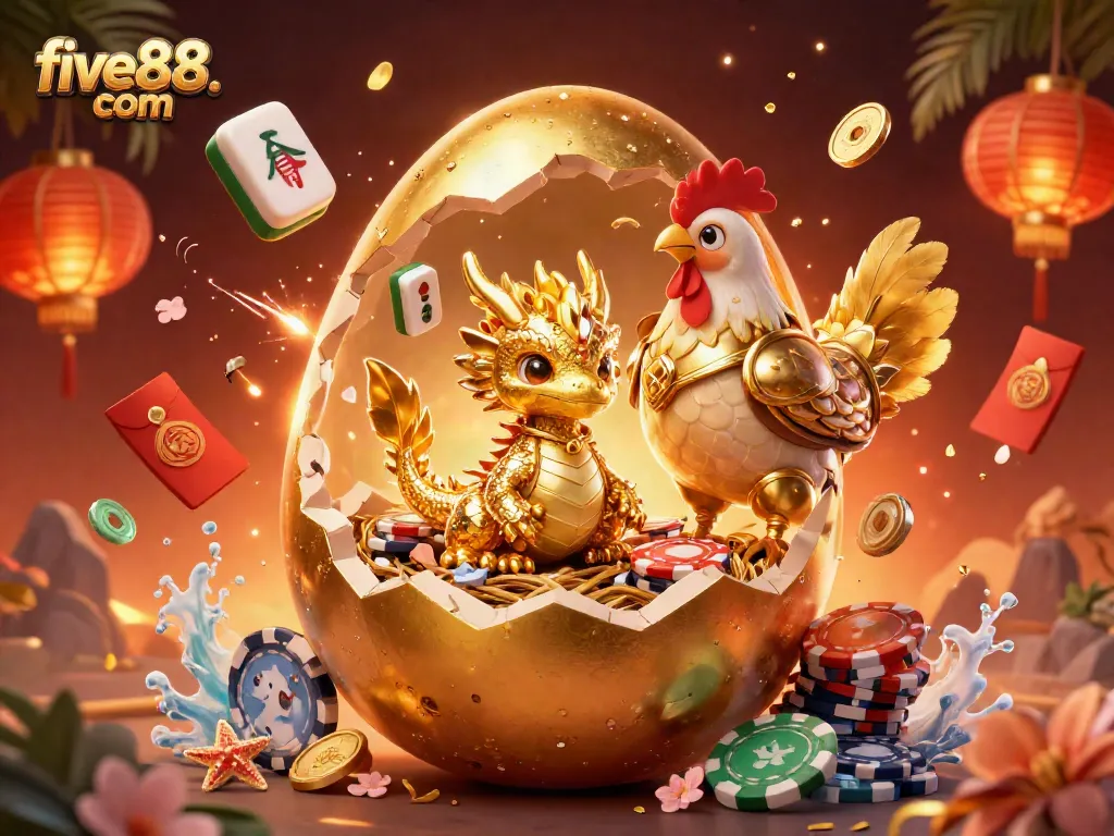 Bet big at five88. com with an exciting illustration of a golden dragon and poker chips.