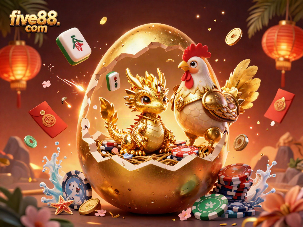 Bet big at five88. com with an exciting illustration of a golden dragon and poker chips.