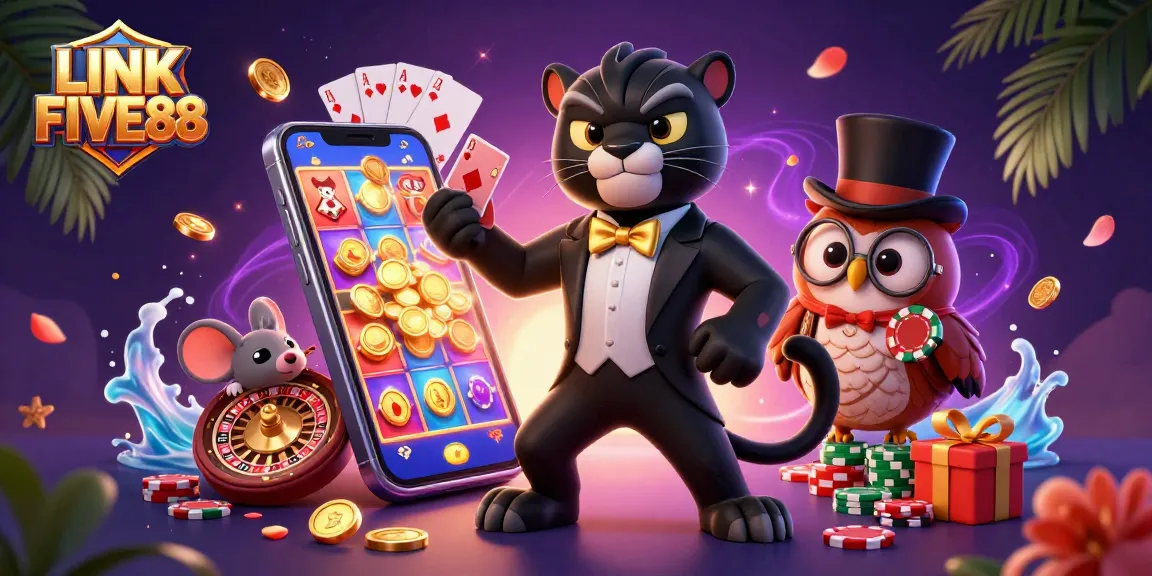 Experience LINK FIVE88 with a vibrant 3D scene featuring characters dealing cards and holding chips.