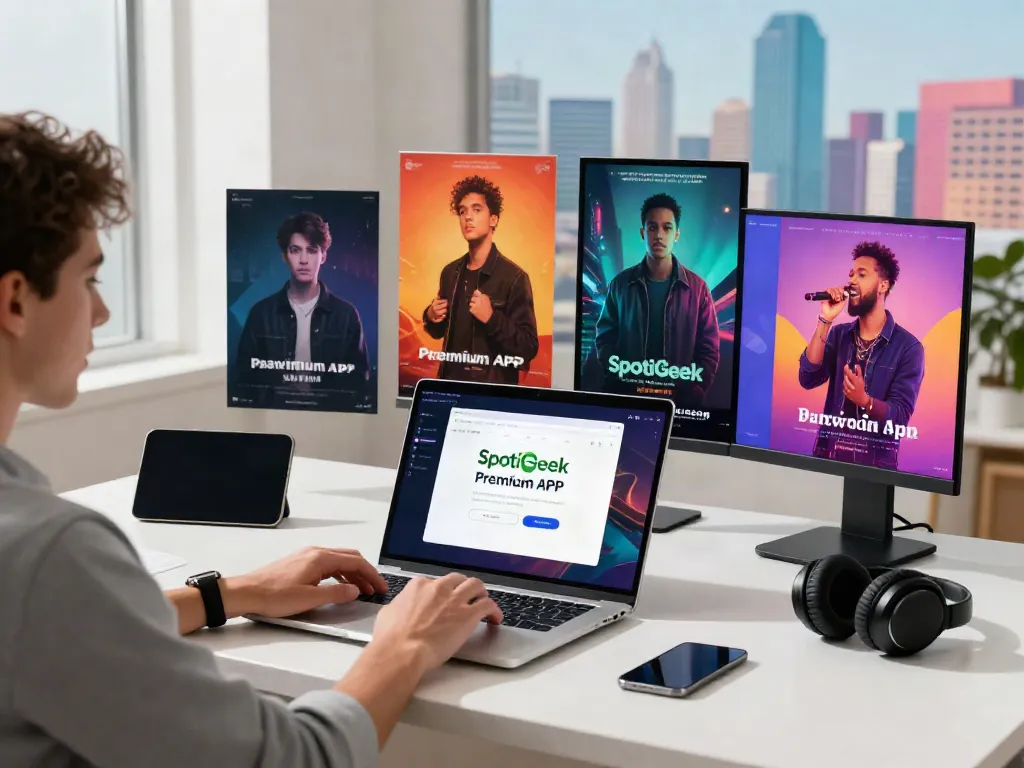 Person downloading SpotiGeek Spotify Premium APK in a vibrant tech workspace, showcasing modern music culture.